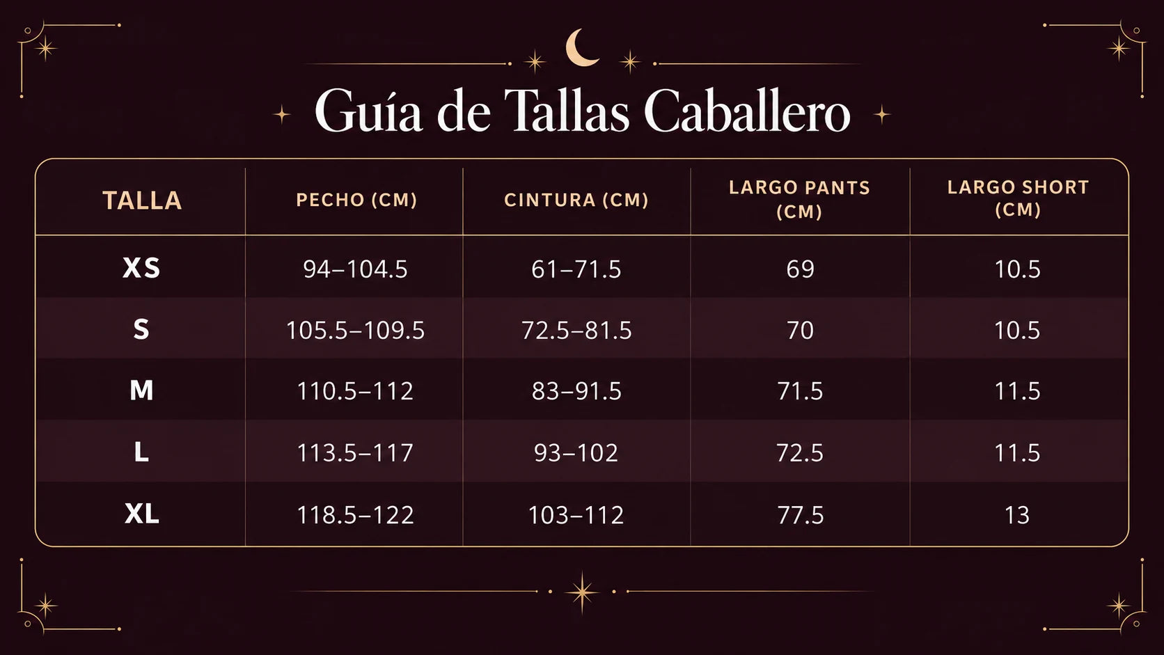 Guía de tallas caballero: pecho, cintura, largo de pantalón y de short en centímetros por talla